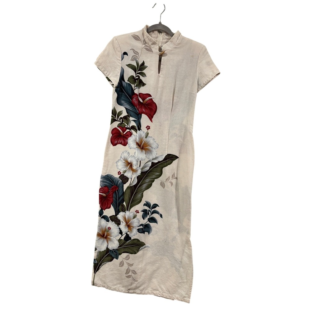 Vtg Iolani Hawaiian Cheongsam Dress S Cream Hibiscus Floral Mandarin Slit Tiki